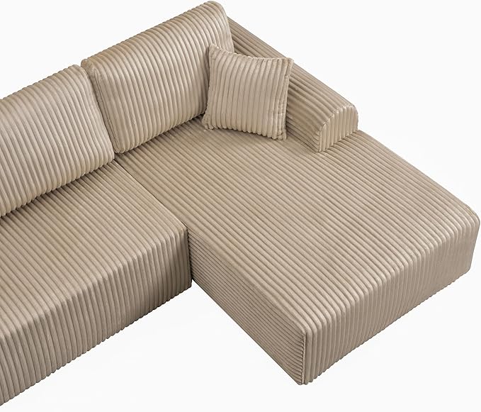 109-Inch L-Shaped Right Facing Boneless Corner Sofa 2 PCS Modular Sectional Cloud Sofa Couch with Chaise Lounge and Toss Pillow, Corduroy Boneless L-Shaped Couches