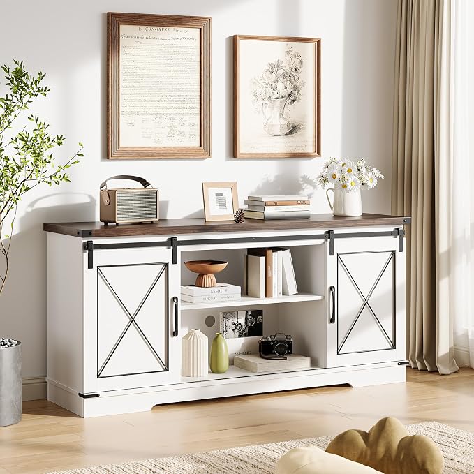 IDEALHOUSE Farmhouse TV Stand and Entertainment Center for Tv up to 65 inches with Sliding Barn Doors, Tv Media Console Table with Storage Cabinet for Living Room, White & Brown - Image 8