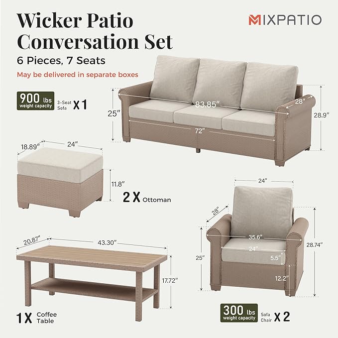 Patio Furniture Set 6 pcs, Wicker Outdoor Patio Furniture, 3-Seat Sofa, 2 Single Sofas, 2 Ottomans and Coffee Table, Rattan Outdoor Conversation Set for Backyard Deck, Beige