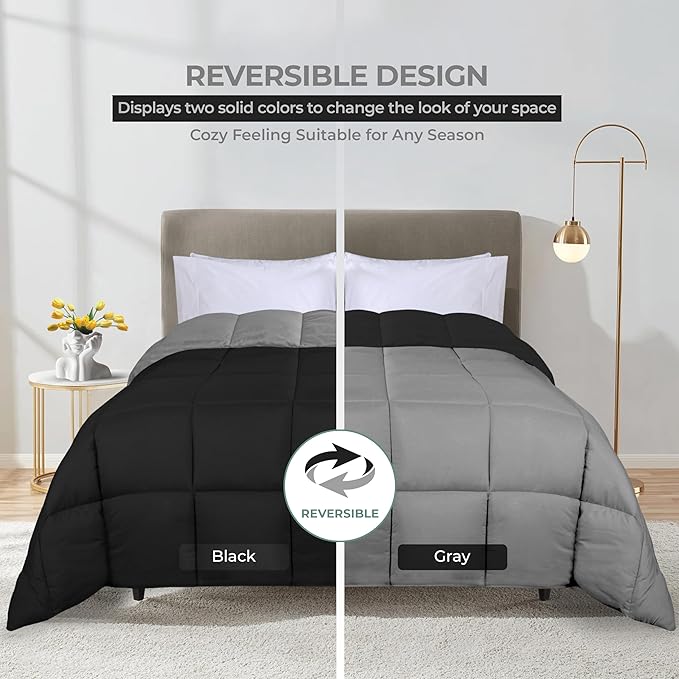 Superior Brushed Microfiber Comforter, Down Alternative Bedding, Medium Weight, Soft Bed Cover, Plush Duvet Insert, Oversized Blanket, Box Quilt, Reversible Comforter, Twin, Black-Grey