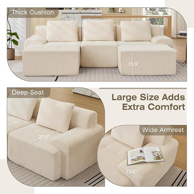 Modular Sectional Sofa, 6 Seat Modular Couch, Modular Sofa with Deep Seat and Detachable Pillow (White, 5 Pieces-U Shape)
