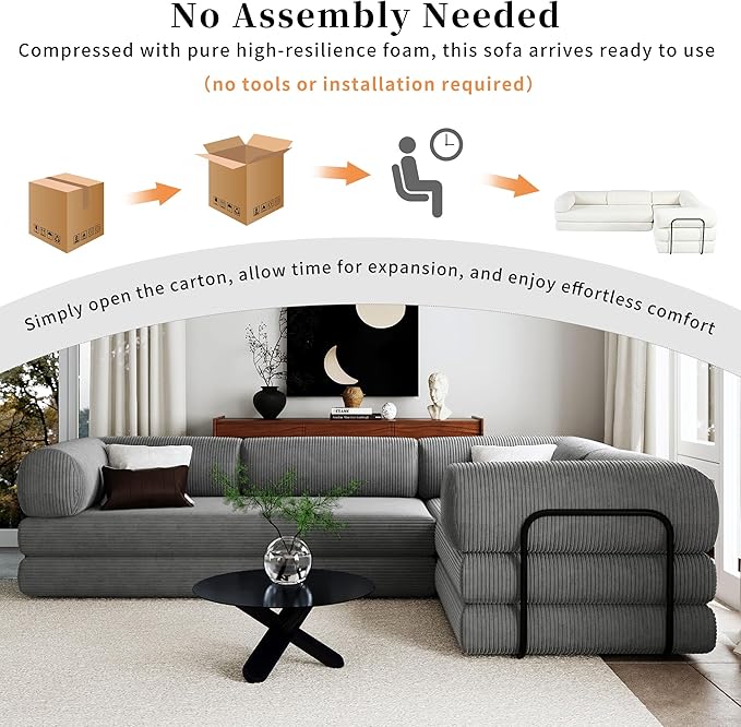 Merax L-Shaped Modular Sofa Bed in Corduroy Fabric, Convertible Sleeper Sofa Bed, 4 Seat Floor Couch for Living Rooms and Apartments, No Assembly Required, Gray