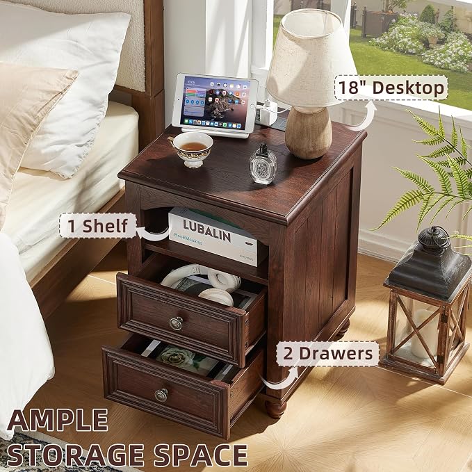 RWYHG 18" Farmhouse Night Stand Set of 2 with Charging Station, Walnut Wood Nightstand with 2 Drawers, Bedside End Table with Shelf Storage, Bed Side Tables for Bedroom, Living Room, and Closet - Image 4
