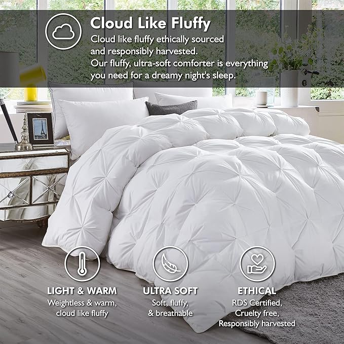 Luxurious Goose Down Feather Fiber Comforter Queen Size All-Season Duvet Insert, Premium Baffle Box, 100% Egyptian Cotton Cover, 65 oz Fluffy Fill Weight - White Pinch Pleat
