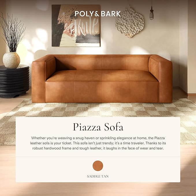 Poly & BARK Piazza 95” Leather Sofa in Saddle Tan – Full‑Grain Pure‑Aniline Italian Leather, Low Profile Frame, Raw Seam Detailing, Soft Tufted Cushions – Rustic Modern Centerpiece for Living Spaces