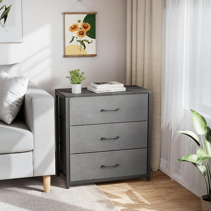Memobarco Nightstand with 3 Drawers for Bedroom, Storage Dresser with Fabric Drawers and Metal Frame for Closet, Living Room, Bedside Table with Wood Top, Easy Pull Handle, Gray - Image 7