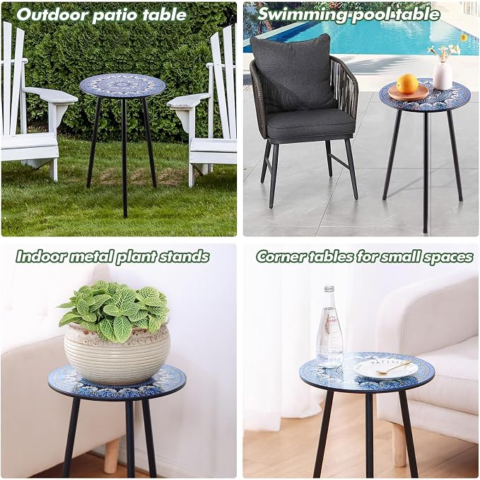 Party Zealot 1 Pack Metal Mosaic Round Side Table 13.4" Small End Table for Patio Round Accent Garden Corner Stand for Small Spaces Weather-Resistant for Balcony Plant Stand Indoor Outdoor - Image 6
