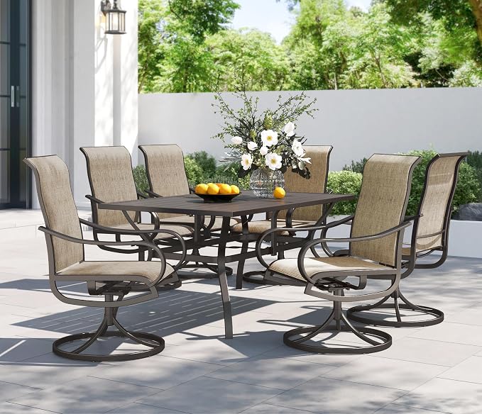PHI VILLA 7 PCS Patio Dining Set, Rectangle Metal Table with 1.57" Umbrella Hole and 6 High Back Textilene Swivel Chairs, Suitable for All Weather by PHIVILLA