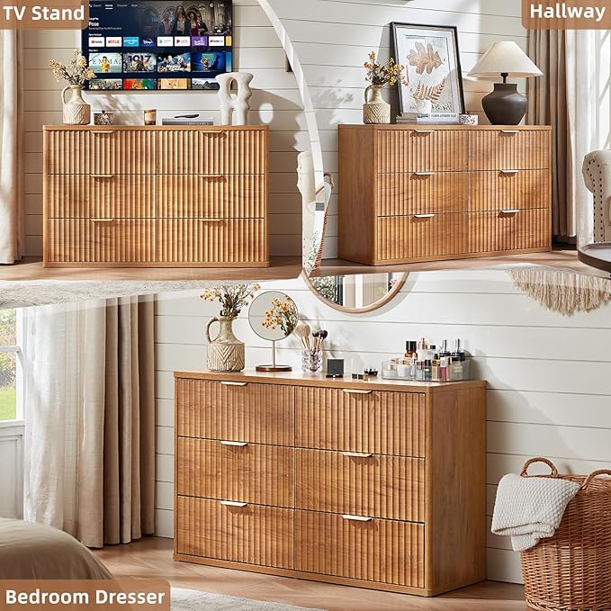 LEYAOYAO Fluted Dresser and 2 Drawers Nightstand Set of 2, Wood 48" Wide Dresser & 23" Night Stand with Charging Station, 3 Piece Bedroom Furniture Set, Chest of Drawers for Home,Living Room,Brown