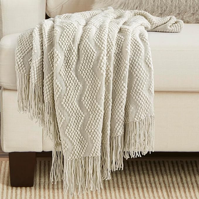 BOURINA Beige Throw Blanket 50x60 Inches Throw Textured Solid Soft Ripple Throws and Blankets for Sofa or Bed Knitted Decorative Throw
