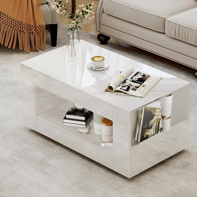 39" High Gloss Wood Coffee Table for Living Room, Sides Storage with Transparent Legs, Modern 2-Tier Storage Shelf Center Table for Home Office, Apartment, White