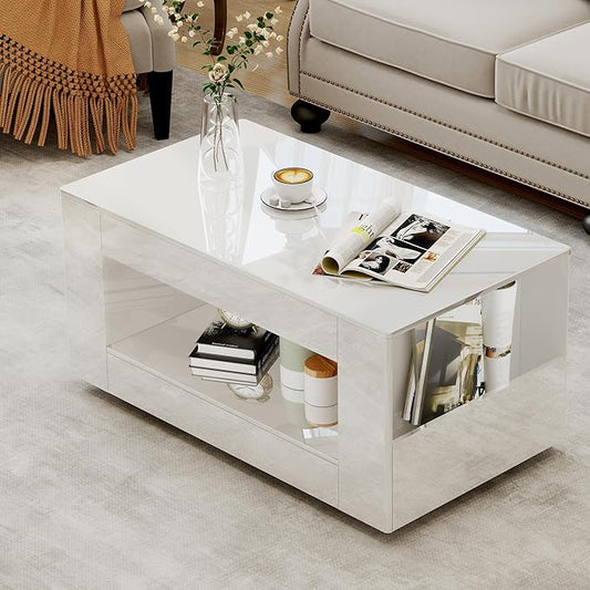 39" High Gloss Wood Coffee Table for Living Room, Sides Storage with Transparent Legs, Modern 2-Tier Storage Shelf Center Table for Home Office, Apartment, White