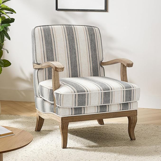 HULALA HOME Upholstered Accent Chair, Mid-Century Modern Striped Chair with Graceful Curves and Wooden Legs, Comfy Lounge Armchair Striped Accent Chairs for Living Room, Bedroom (Stripe)