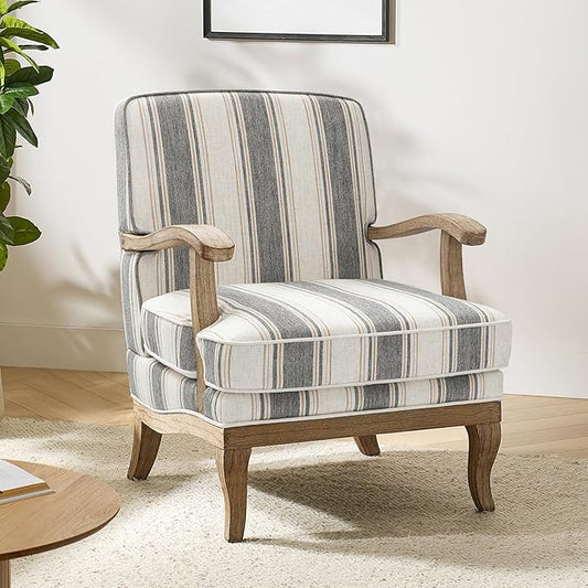 HULALA HOME Upholstered Accent Chair, Mid-Century Modern Striped Chair with Graceful Curves and Wooden Legs, Comfy Lounge Armchair Striped Accent Chairs for Living Room, Bedroom (Stripe)