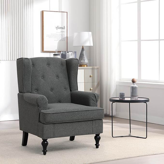 Accent Chair for Living Room, Mid Century Modern Upholstered Armchair, Wingback Chair with Tufted High Back and Solid Legs, Comfy Side Chairs Single Sofa for Bedroom, Dark Grey