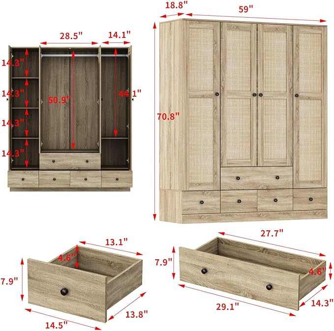 MOUMON 4 Rattan Door Wardrobe with Shelves and Drawers, Armoire Wardrobe with 2 Clothing Rods, Closet for Bedroom Oak 19“D x 59”W x 70.9”H