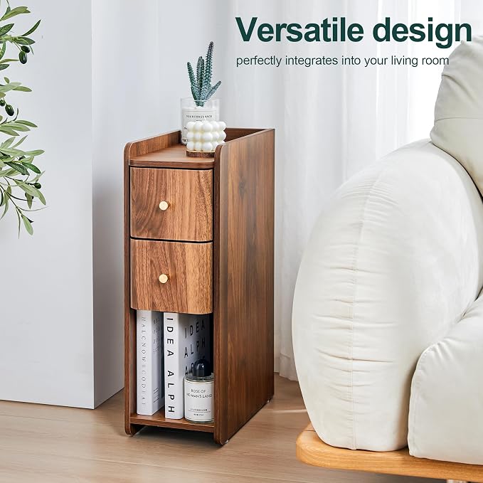 Narrow End Table Bedroom, Wooden Small 2 Drawer Nightstand, Thin Couch Side End Table, Skinny Bedside Table Small Spaces, Mid Century Modern Night Stand with Drawers (Walnut-1 pc) - Image 4