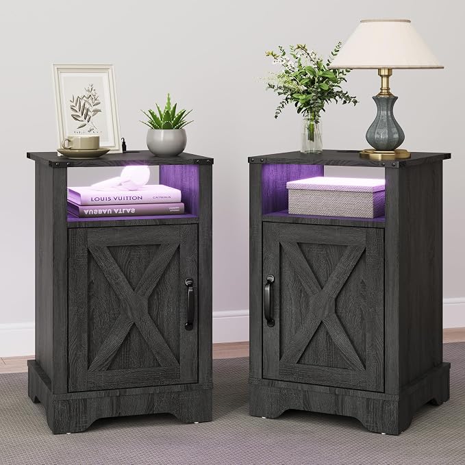 RoyalCraft Farmhouse Nightstand Set of 2, End Table with LED Lights and Charging Station, Tall Bedside Table with Large Storage and Shelf, Wooden Side Table for Bedroom, Home Office, Dark Grey by Bringyoubetterlife