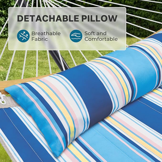 SUPERJARE Curved-Bar Hammock with Stand, 2 Person Heavy Duty Hammock Frame, Detachable Pillow & Portable Carrying Bag, Perfect for Outdoor & Indoor, Holiday Voyage Stripe - Image 3