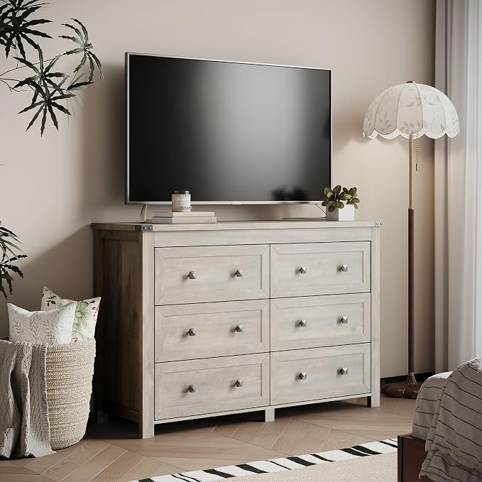 Dresser for Bedroom with 6 Drawers, Farmhouse Wood Chest of Drawers, Wide TV Stand Closet Storage Furniture with Metal Handle, Modern Clothes Organizer for Hallway, Living Room, Entryway, Light Grey - Image 6