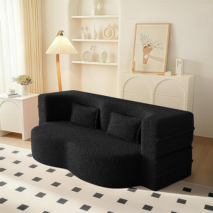 78" Convertible Sofa Bed, 2-in-1 Folding Floor Couch with 2 Pillows, Sleeper Sofa for Living Room and Bedroom, No Assembly Required (Black, Teddy Fabric)