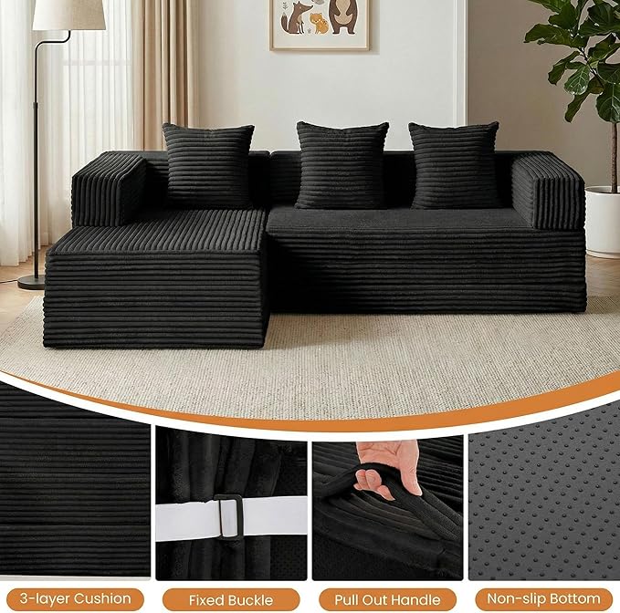 Modular Sectional Sofa, Boneless Convertible Oversized Sleeper Sofa Bed, Modern Tri-Folding Cloud Couch with L-Shape Chaise, Corduroy Futon Couches for Living Room Small Spaces Apartment,No Assembly