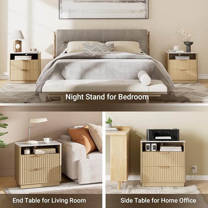 Fluted Nightstand, 23" Wide Night Stand, 2 Drawer Large Nightstand with Faux Marble Top & Charging Station. Modern Ene Table w/Storage, Bedside Table for Bedroom, Curved Corners,Natural Oak - Image 7