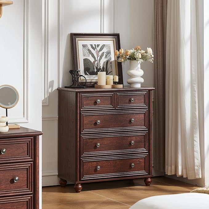 RWYHG Farmhouse 5 Drawer Dresser for Bedroom, 35.5" Walnut Tall Small Dressers & Chest of Drawers, Rustic Wood Dresser with Roman Column, Storage Organizer for Living Room, Hallway, Closet - Image 8