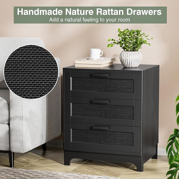 Anmytek Rattan Nightstand with 3 Drawers, Farmhouse Night Stand with Nature Rattan Storage Drawers, Black Wood Bedside Table Sofa End Side Table for Bedroom Dorm Small Spaces, 15.5”D x 19.7”W x 23.6”H - Image 5