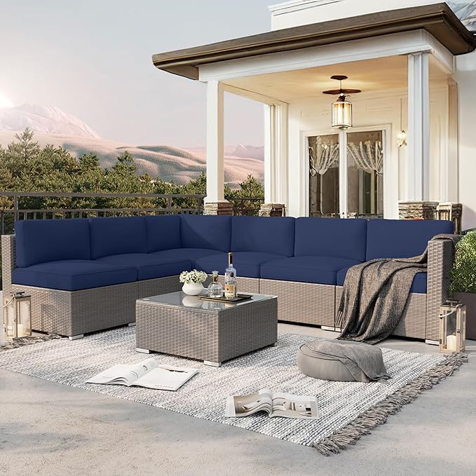 SUNCROWN Outdoor Patio Furniture Set 7 Piece Outdoor Sectional Sofa Grey Wicker Conversation Sofa Set with Coffee Table, Cushions and A Waterproof Cover -Dark Blue