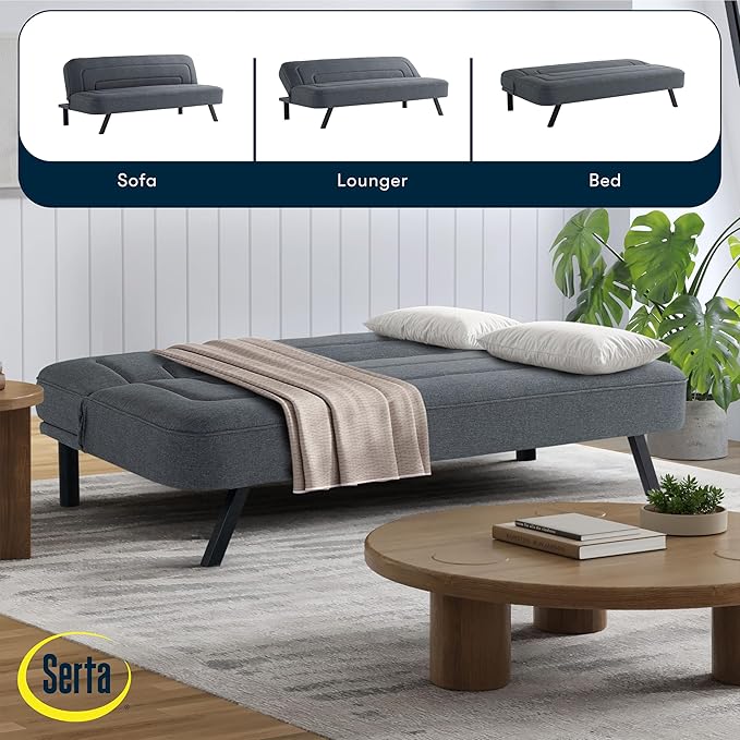 Serta Fairwood 66.1" Convertible Futon Sofa, Short Twin Size, Modern Boho, Dream Coil Comfort, Fingerguard Pinch Point Protection, Soft Woven Polyester Fabric, Charcoal