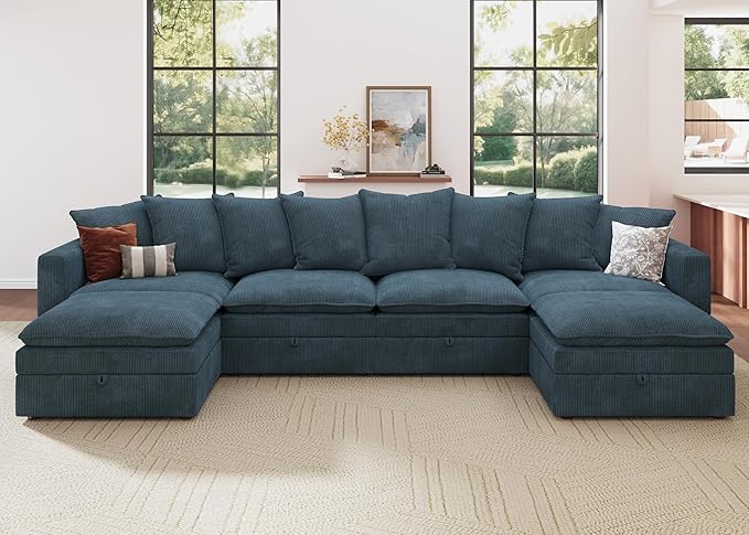 HONBAY Modular Sectional Sofa, 137 Inch U Shaped Corduroy Couch with Storage, Convertible Sectional Sofa with Deep Seat, Blue