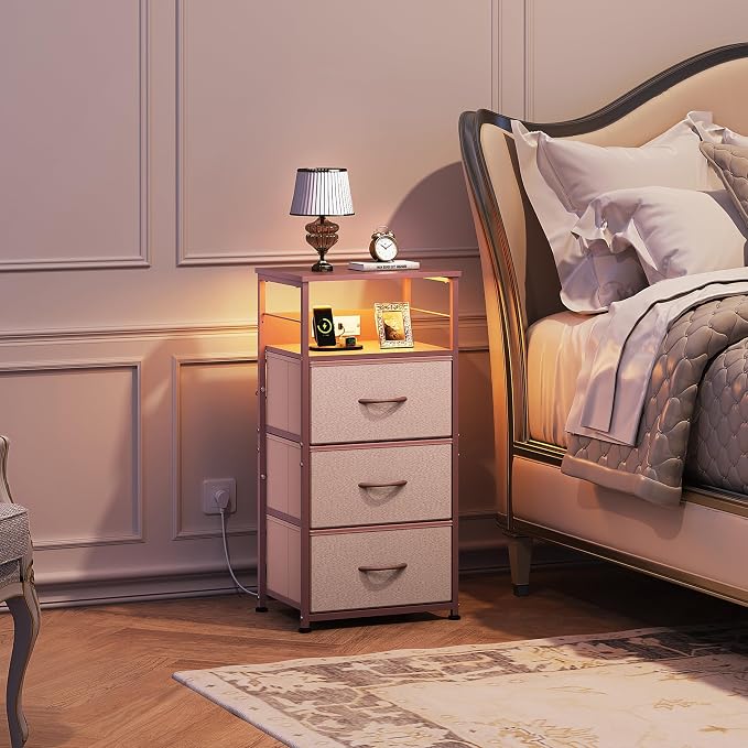 WLIVE Nightstand with Charging Station, 31.9" H Nightstand with 3 Fabric Drawers, LED Bedside Table with USB Ports and Outlets, End Table for Dorm, Bedroom, Entryway, Pink - Image 2