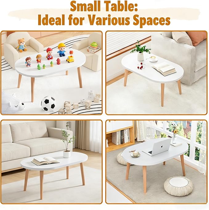 Coffee Table Low Table with 4 Solid Wood Leg, Floor Table Desk for Sitting on The Floor, Small Oval Coffee Table for Small Space, Side Table Japanese Coffee Table for Living Room Apartment Home, White