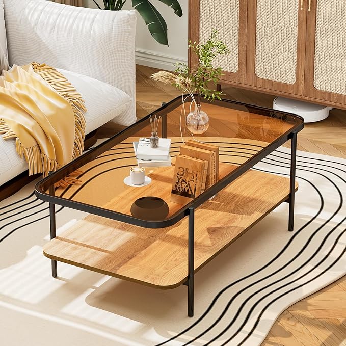 Brown Glass Coffee Table, Modern 2-Tier Coffee Table with Metal Leg, Accent Table with Wood Open Storage, Living Room Rectangular Center Table with Rounded Corners, Side Table for Home Office (Brown)