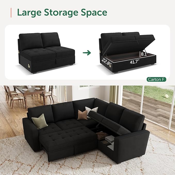 HONBAY Modular Sectional Sofa with Pull Out Bed Velvet Convertible L Shaped Couch with Storage Seat Sleeper Sectional Couches for Living Room,Velvet Black