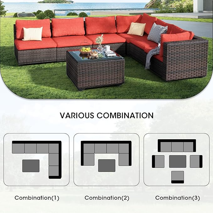 7 Pieces Patio Furniture Set, Rattan Outdoor Sectional Conversation Sets, All Weather Outdoor Furniture Set with Cushions for Garden Lawn Balcony Porch Deck Red