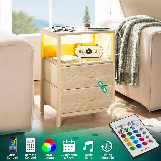 Yoobure Nightstand with Charging Station, LED Night Stand with Fabric Drawers and Storage Shelf for Bedroom, Nightstands Bedside Tables with USB Ports & Outlets, Small Night Stands, Bed Side Table - Image 4