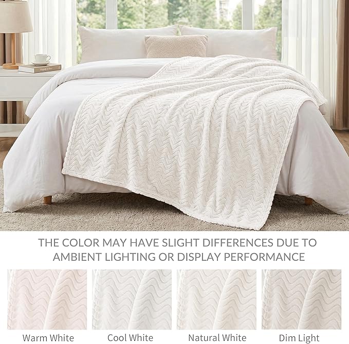 Exclusivo Mezcla Queen Blanket for Bed, Cozy Lightweight Fleece Blankets for All Season, Decorative Giftable Fuzzy Plush Wave Textured Suitable for Women, Men, Ivory, 90x90 Inches