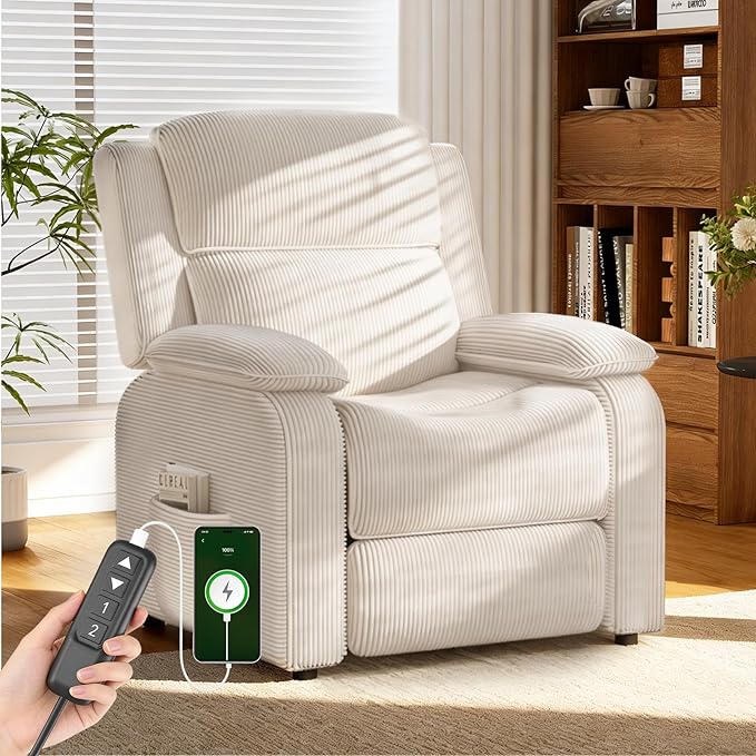 EROMMY Electric Recliner Chair, Oversized Power Recliner with USB Charging Port & Side Pockets, Heavy Duty Corduroy Reclining Sofa Chair, Wide Seat Living Room Chair for Adults, Beige