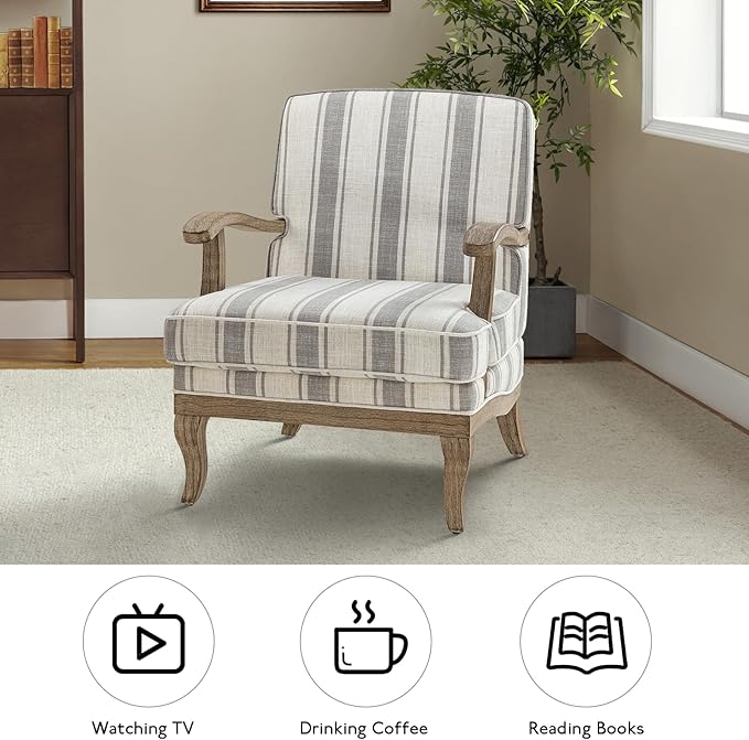 HULALA HOME Upholstered Accent Chair, Mid-Century Modern Striped Chair with Graceful Curves and Wooden Legs, Comfy Lounge Armchair Striped Accent Chairs for Living Room, Bedroom (Grey)