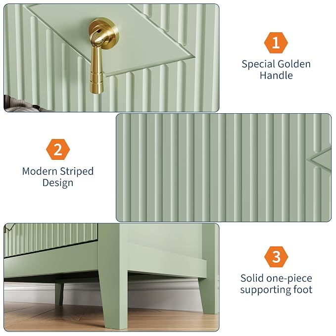GarveeHome 2Pcs Wood Nightstand Fluted Dresser for Bedroom, 27.5" Wide 3-Drawer Bedside Tables, Modern Chest of Drawers, Storage End Table Living Room, Hallway, Entryway, Green - Image 6