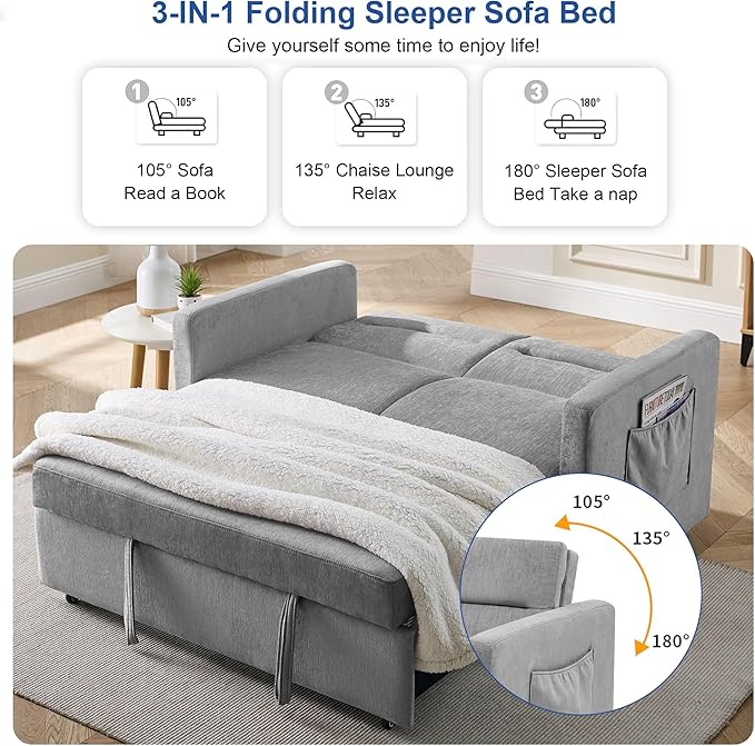 Loveseat Sleeper Sofa Bed, Pull Out Couch Comfortable Chenille Fabric, Adjustable Backrest, Resilient Sponge Cushions, Sturdy Wood Frame, Side Storage Pockets, Grey