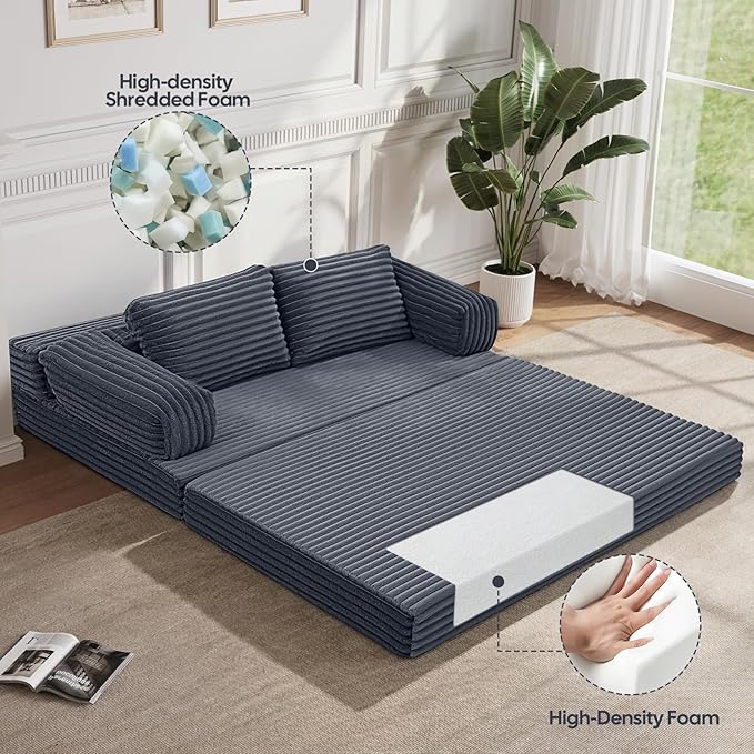 MeMoreCool Convertible Sofa Bed, Folding Floor Couch Bed Queen, Pull Out Sleeper Couch with Pillows, Fold Out Futon Sofa for Bedroom Living Room Small Space, Corduroy Grey