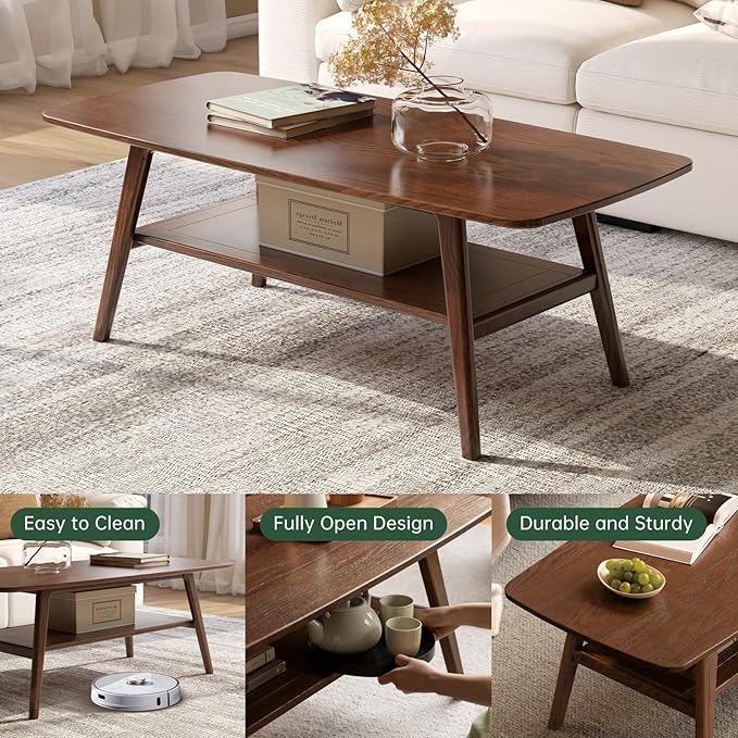 100% Solid Oak Wood Coffee Table for Living Room, 2-Tier Living Room Table with Storage Shelf, Mid Century Modern Coffee Tables (Walnut Colour, 39.37" W x19.68 D x 17.32" H)