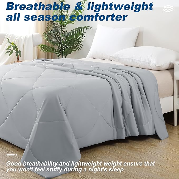 Cooling Comforter Queen Size, Double-Sided Cold Tech Fabric Quilted Bed Comforters Cooling Blanket for Hot Sleepers, Breathable Lightweight Summer Bedding, All-Season Ice Blanket, Light Gray