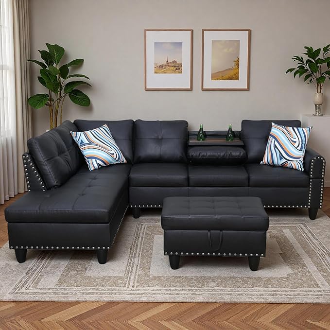Leather 3-Piece L-Shaped Sectional Sofa with Storage Ottoman & Movable Chaise - Modular Convertible Couch for Living Room, Bedroom & Small Apartment, Jet Black