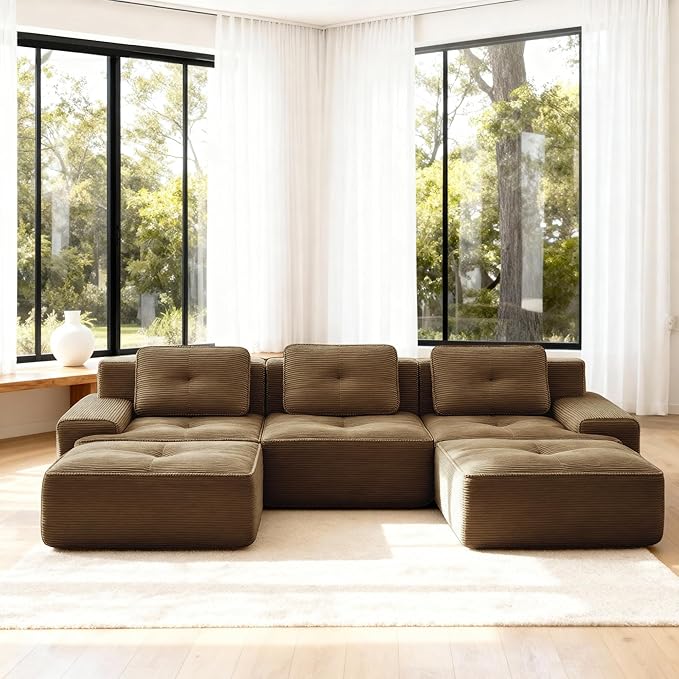 Casaphoria 115'' Brown Modular Sofa Set, 3-Seat U-Shaped Corduroy Couch with 2 Ottomans for Large Living Room No Assembly Required Deep Seat Sectional Couch