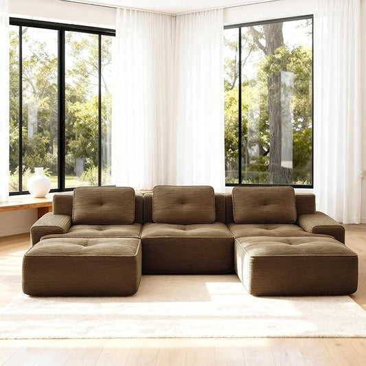 Casaphoria 115'' Brown Modular Sofa Set, 3-Seat U-Shaped Corduroy Couch with 2 Ottomans for Large Living Room No Assembly Required Deep Seat Sectional Couch