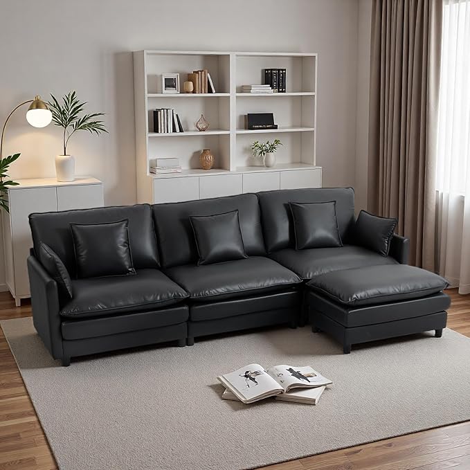 L Shaped Cloud Sofa, 4-Seater Modular Couch with Double Layer Upholstered Seat Cushion, PU Sleeper Sofa with Ottoman & Pillows, Comfort Couches for Living Room, Bedrooms & Apartments, Black